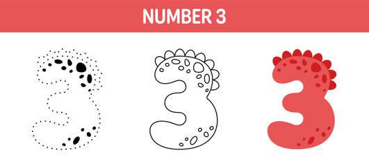 Number 3 tracing and coloring worksheet for kids