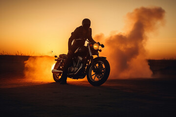 Fototapeta na wymiar Dark motorbiker staying on motorcycle in sunset light