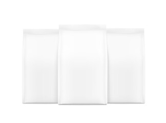 Hyper realistic gusseted bags mockup set. Front view. Vector illustration isolated on white background. Can be use for template your design, presentation, promo, ad. EPS10.