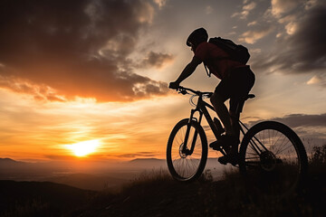 Fototapeta na wymiar Man on mountain bike against sundown sky