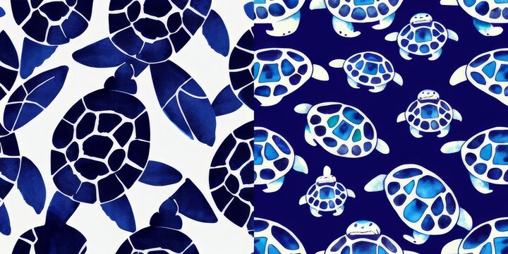 Set of two. Abstract art prints and textiles concept.Indigo dyeing.Traditional Katagami technique, repetitive patterns. Kimono, yukata, tenugui design. Wallpaper, background, wrapping design. AI image