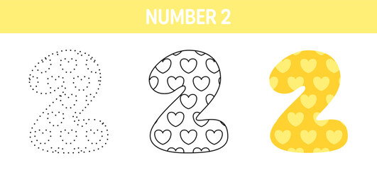 Number 2 tracing and coloring worksheet for kids