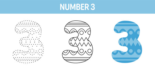 Number 3 tracing and coloring worksheet for kids