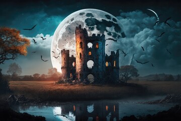 medieval castle under a full moon. Generative AI