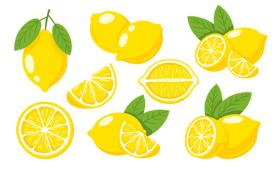 Set of yellow lemons isolated on white background. Flat style. Vector illustration