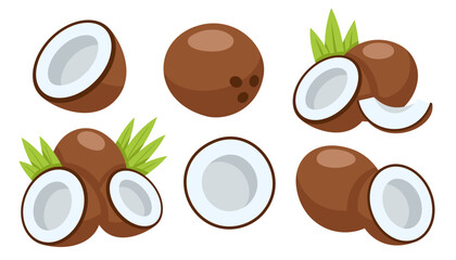 Set of coconut icons isolated on white background. Cartoon style. Vector illustration