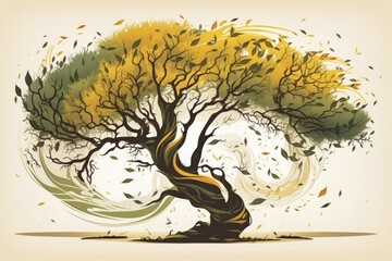 tree with golden yellow leaves swaying in the wind. Generative AI