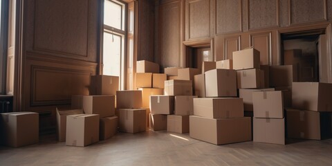 Pile of cardboard boxes in beautiful interior without furniture moving to a new apartment, concept of Moving and Storage, created with Generative AI technology