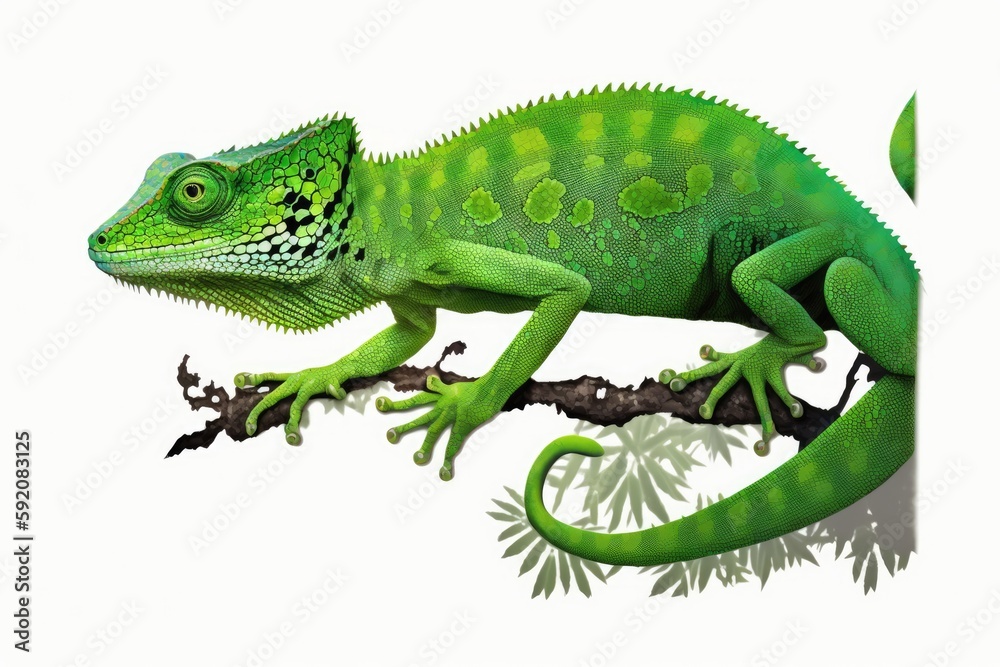 Sticker vibrant green lizard perched on a branch. Generative AI