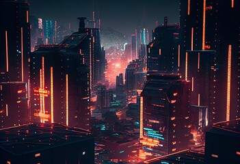 the neon lit futuristic city. Nighttime cityscape with high rise structures, neon lighting, and city lights. Generative AI