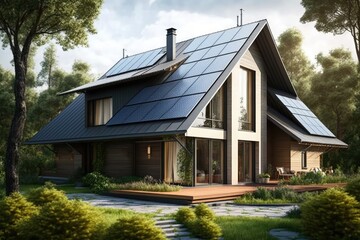 Family house with photovoltaic panels on the roof, modern life concept, energy concept, generative artificial intelligence