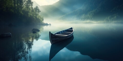 boat drifts peacefully on serene lake, concept of Tranquility and Reflection, created with Generative AI technology