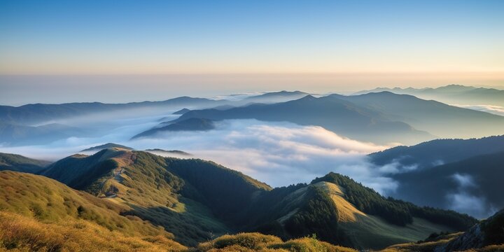 panoramic view from peak of mountain reveals breathtaking vista of rolling hills and valleys, concept of Landscape photography, created with Generative AI technology