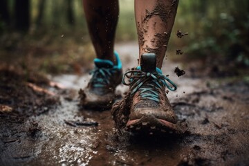 Legs of a woman jogging in the forest. Walking in nature in the fresh air after the rain. AI generated, human enhanced