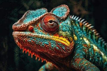 Green colored chameleon close up. AI generated, human enhanced - obrazy, fototapety, plakaty