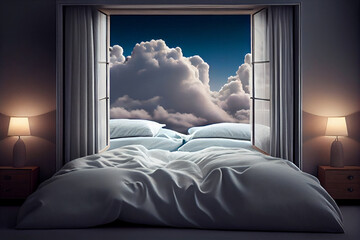 Open windows with clouds and sky view in bedroom. Bedroom with sky view and clouds. Surrealistic concept. High quality illustration.