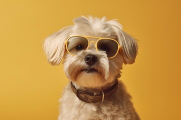 Funny cute dog in sunglasses with happy emotion. AI generated, human enhanced