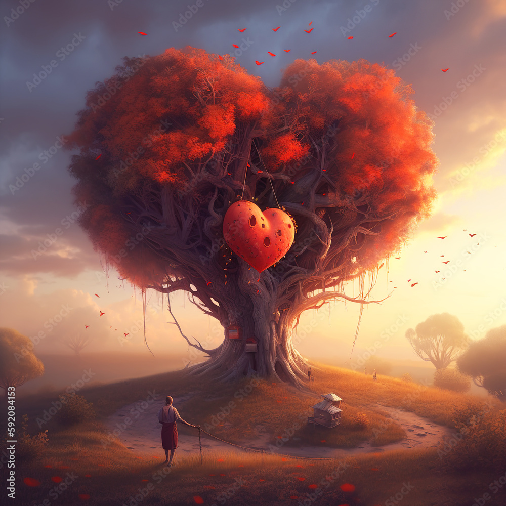 Wall mural generative ai: fantasy tree and with gardens and path