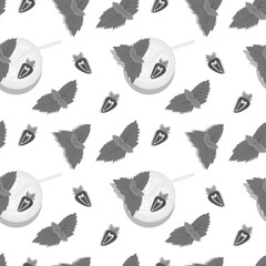 Endless pattern of cocktail with mint, half a strawberry and cocktail tube in grayscale. Summertime