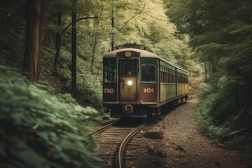 Fototapeta na wymiar Train rides in a forest area, retro style. Vintage steam locomotive. AI generated, human enhanced.