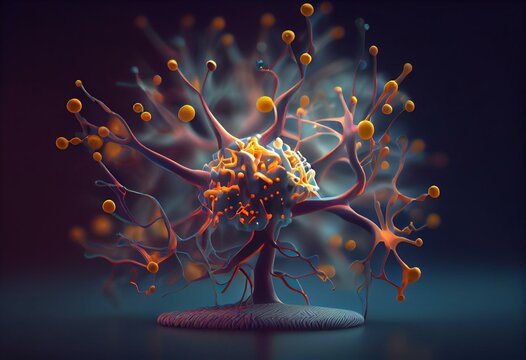 Coronaviruses and neurons, conceptual 3D illustration. Neurologic and neuropsychiatric complications of COVID-19. Generative AI
