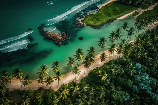 Overhead image of a beach in ilheus bahia, Brazil, including coconut palms. Generative AI