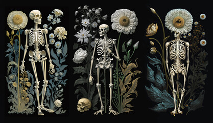 Vintage bohemian skeleton in flowers on black background. Floral magic boho set illustrations for day of the death or halloween. Generative AI - obrazy, fototapety, plakaty