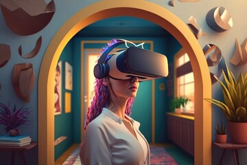 Illustration of a woman using a VR headset - Metaverse - Generative ai