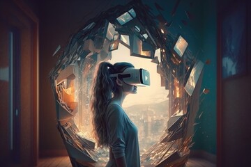 Obraz na płótnie Canvas Illustration of a woman using a VR headset. Metaverse. Generative ai