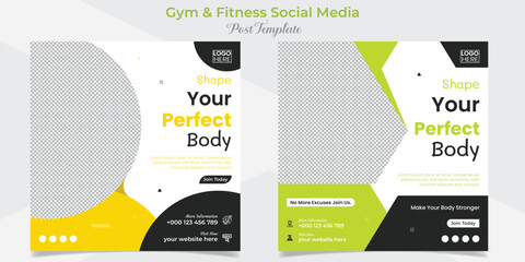 gym, fitness and sports social media post and square flyer post banner template design package
