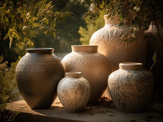 Fototapeta na wymiar Elegant decorative vases in a tranquil nature-inspired setting