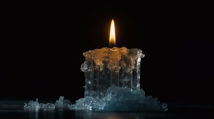 Burning candle in the ice on a black background with drops of water.generative ai