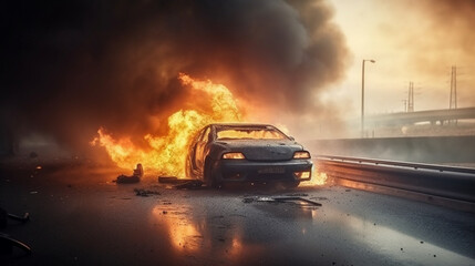 Fototapeta na wymiar Car on the road with a big fire in the background.generative ai