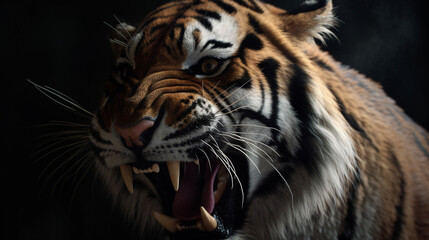 Obraz premium Close up of a tiger with open mouth on a black background.generative ai