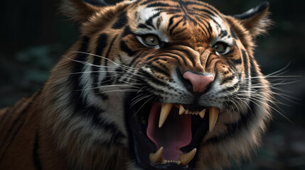 Fototapeta premium Close up of a tiger with open mouth on a black background.generative ai