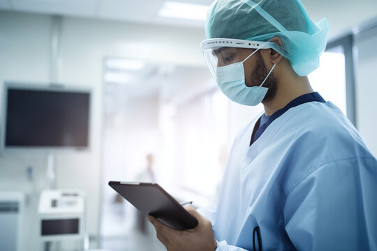 A doctor in a surgical mask using a tablet to view a patient's medical records. Generative ai