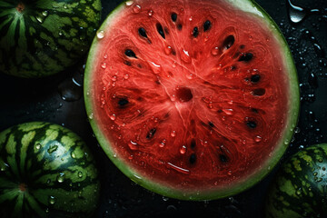 Fresh watermelon background, adorned with glistening droplets of water. Top down view. Soft shadows.  Generative AI