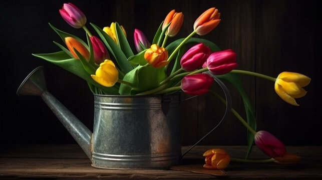 Bouquet of tulips in a watering can on a dark background.generative ai
