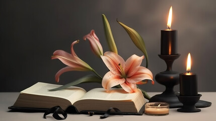 Bouquet of lilies, candles and open book on black background.generative ai