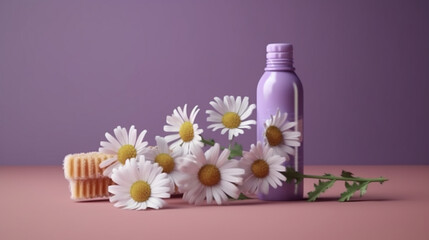 Obraz na płótnie Canvas Hygienic toothbrush and chamomile flowers on purple background,generative ai