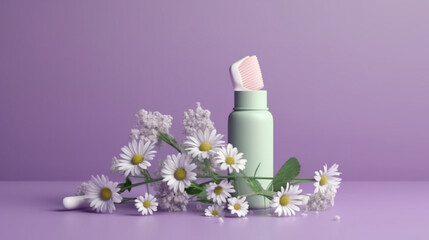 Obraz na płótnie Canvas Hygienic toothbrush and chamomile flowers on purple background,generative ai