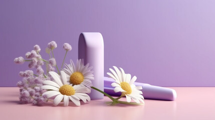 Hygienic toothbrush and chamomile flowers on purple background,generative ai