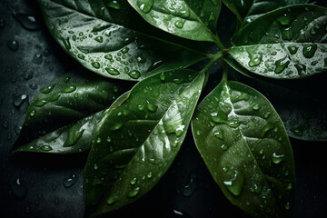 Fresh spices leaves background, adorned with glistening droplets of water. Top down view. Soft shadows. Generative AI