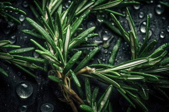 Fresh rosemary leaves background, adorned with glistening droplets of water. Top down view. Soft shadows. Generative AI