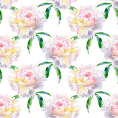 Watercolor illustration of seamless pattern with peony flowers isolated on white background.