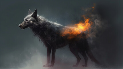 Fantasy portrait of a wolf in smoke on a dark background.generative ai