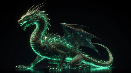 fantasy dragon isolated on black background with lights.generative ai