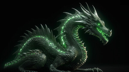 Obraz premium fantasy dragon isolated on black background with lights.generative ai
