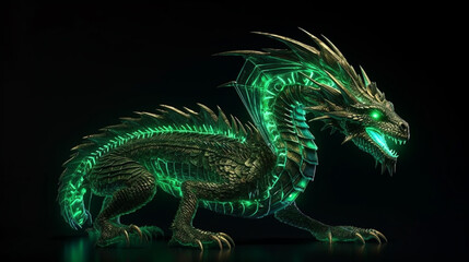 Fototapeta premium fantasy dragon isolated on black background with lights.generative ai