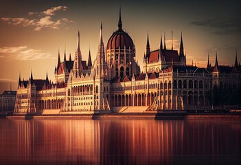 Fototapeta premium Hungarian parliament building and Danube river, Budapest, Hungary. Generative AI